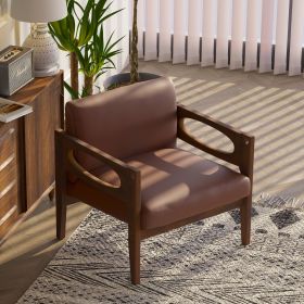 Mid-Century Modern PU Leather Aceent Chair, Solid Wood Upholstered Armchair for Living Room, Bedroom, Lounge, Balcony,Brown