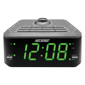 NELSONIC AM/FM Projection Dual Alarm Clock Radio, Black and Silver with Green LED Display