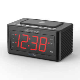 Emerson SmartSet Wireless Charging Alarm Clock Radio, 1.4' Red LED Display and Temperature Sensor, CKSW0555