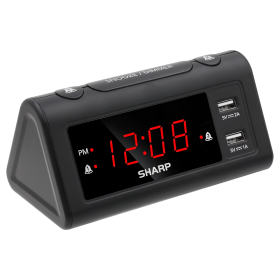 SHARP Dual Alarm Clock with 2 x USB Charge Ports, Black with Red LED Display